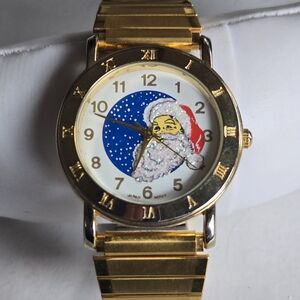 Vintage Festive Goldtone Watch with Santa Design AS-IS NEED BATTERY